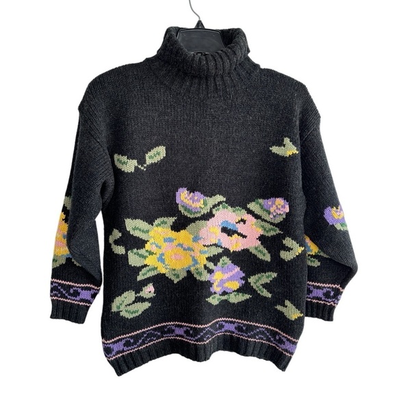 VTG Interim Turtleneck Sweater Abstract Floral Artsy 90s Women Large Cottagecore - Picture 5 of 12